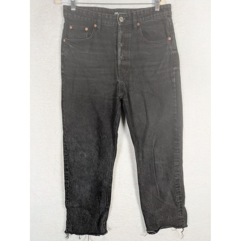 Zara Jeans Women's Size 10 Black High Rise Raw Hem Faded Button Fly Straight